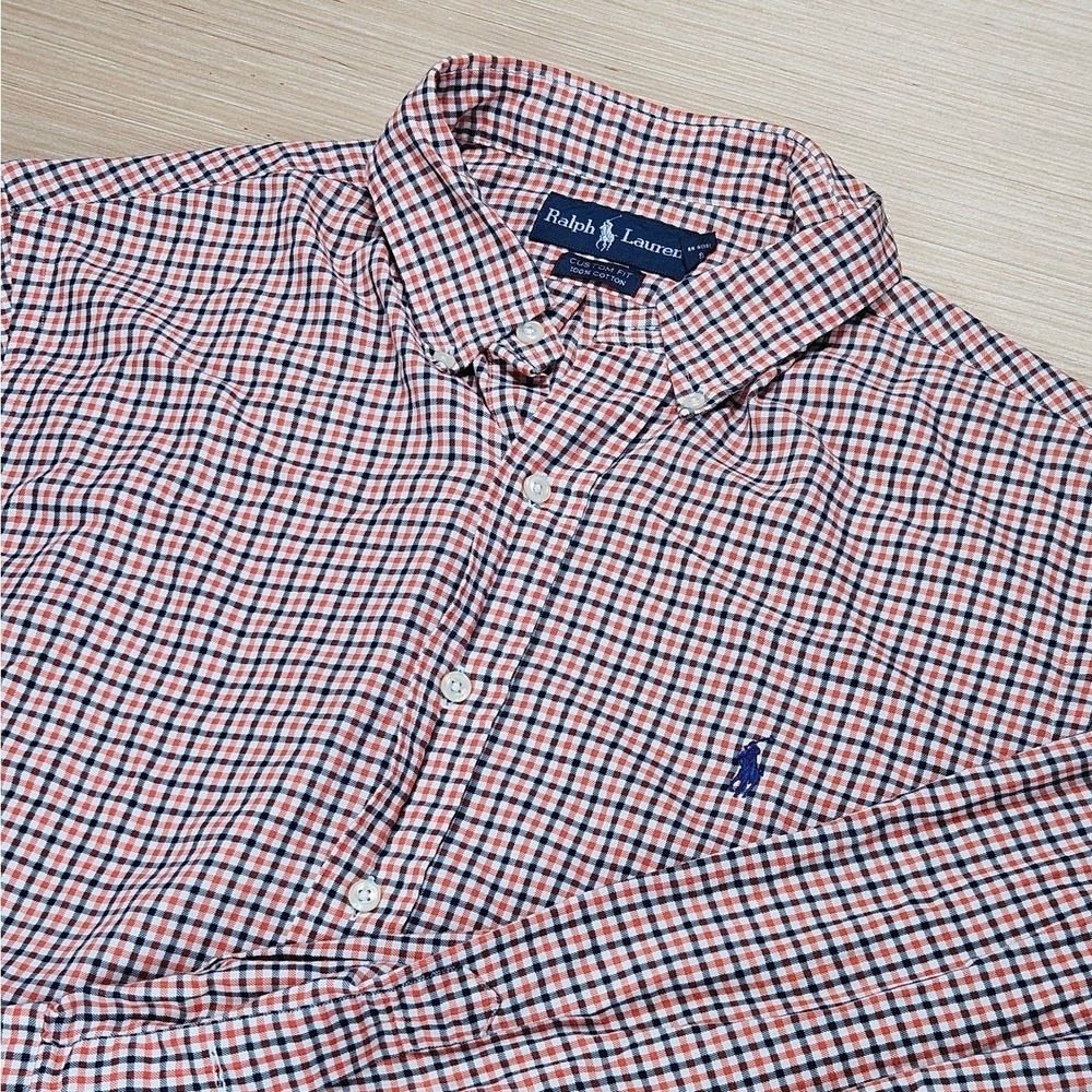 Ralph Lauren Button Down Shirt Mens XL‎ Orange Blue Gingham Plaid Custom Fit